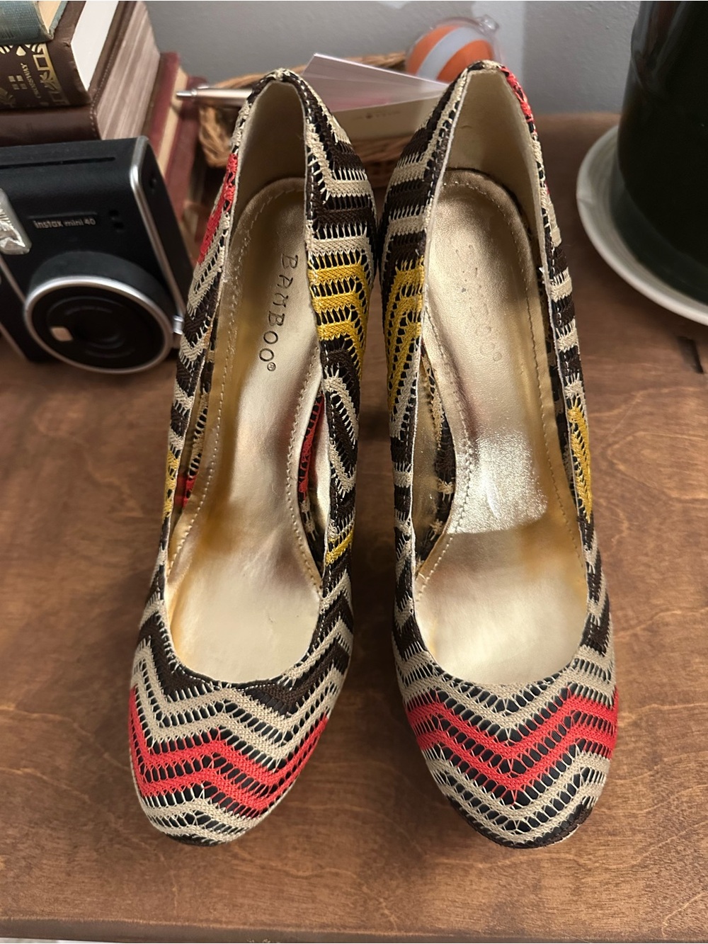 BAMBOO Chevron Multicolor Platform Pumps - Red, Yellow, Black